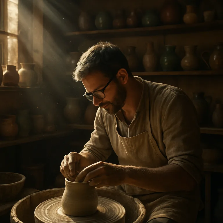 Potter Shaping Clay At Dawn