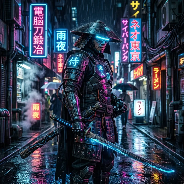 Cybernetic Ronin In Neon Rain