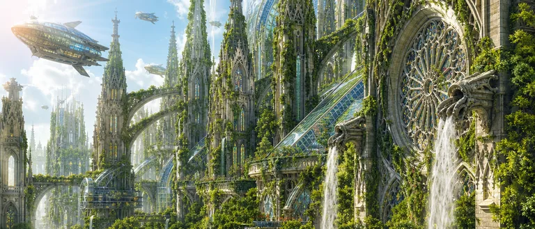 Lush Solarpunk Gothic Spire Metropolis