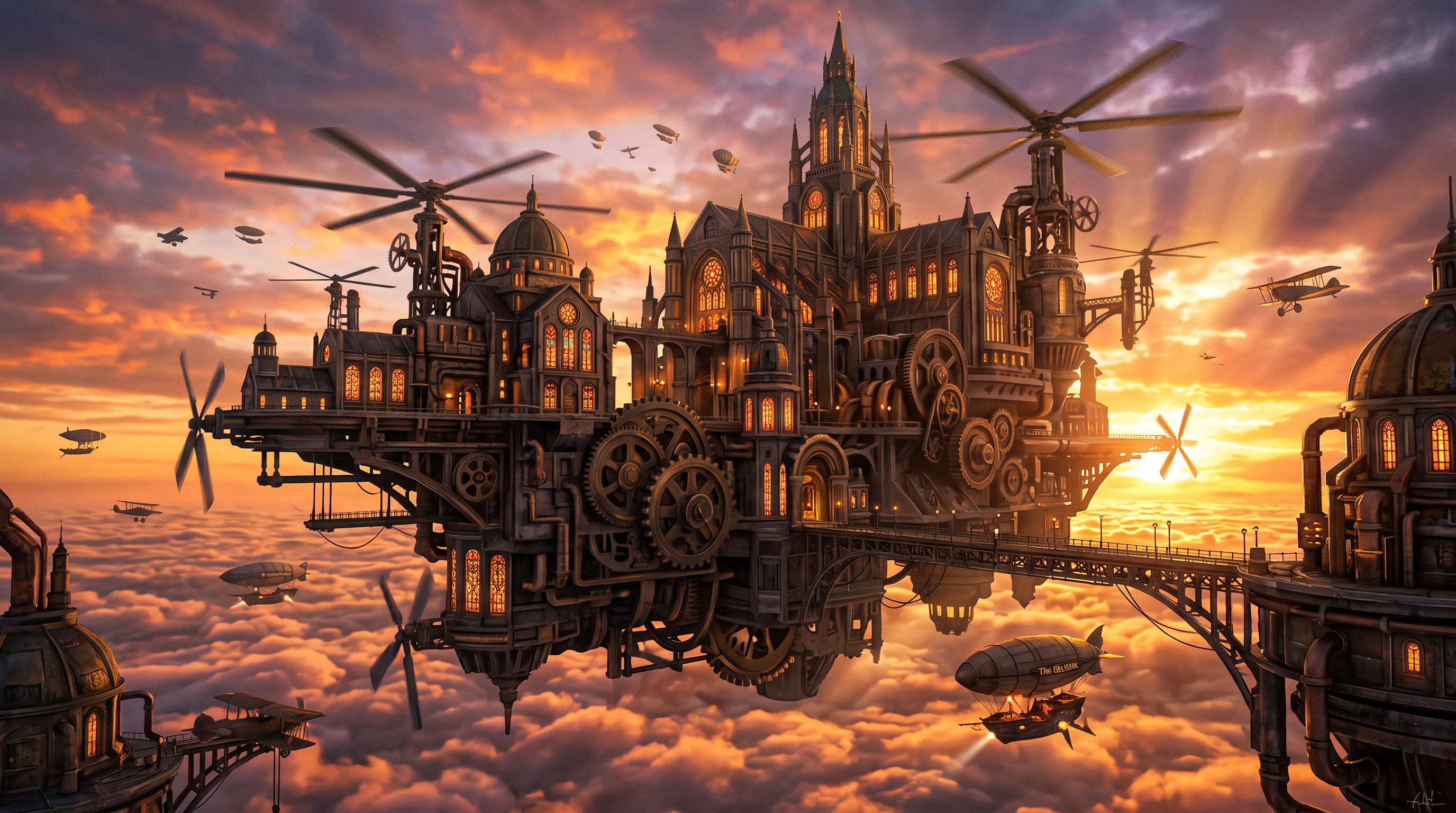 Steampunk Citadel Above Clouds