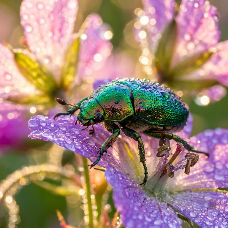 Iridescent Scarab On Dewy Petal