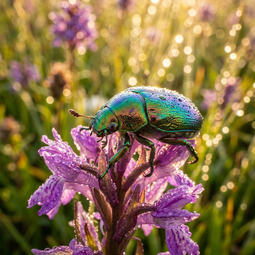 Iridescent Scarab On Dewy Petal