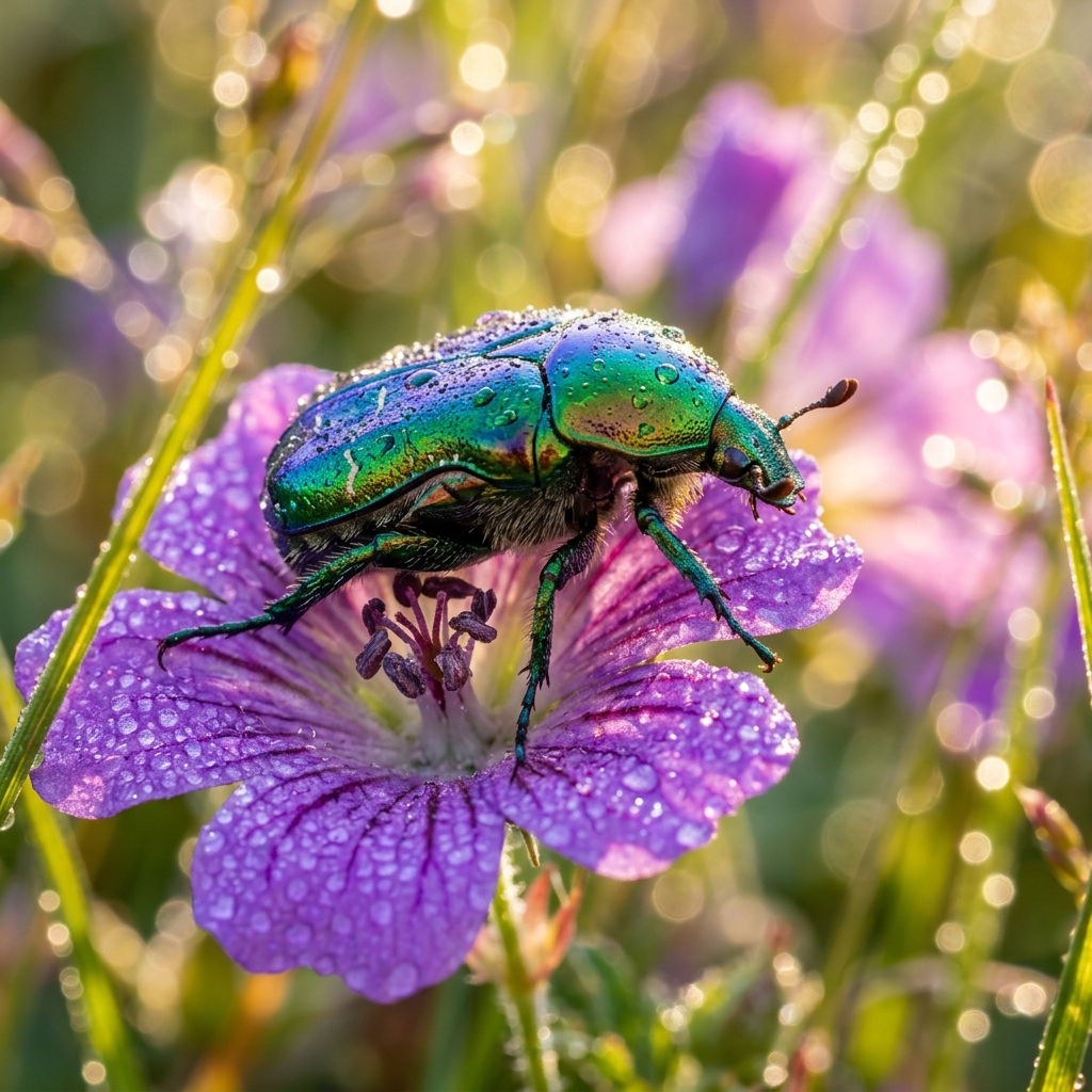 Iridescent Scarab On Dewy Petal
