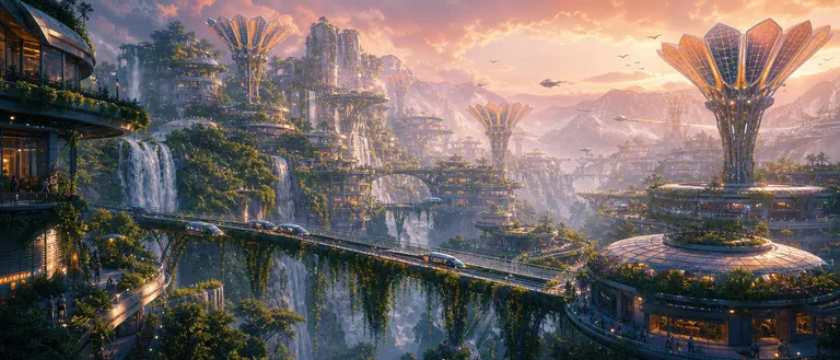 Cascading Solarpunk Mountain Metropolis