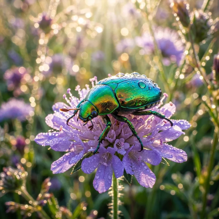 Iridescent Scarab On Dewy Petal