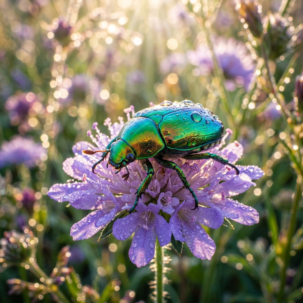 Iridescent Scarab On Dewy Petal