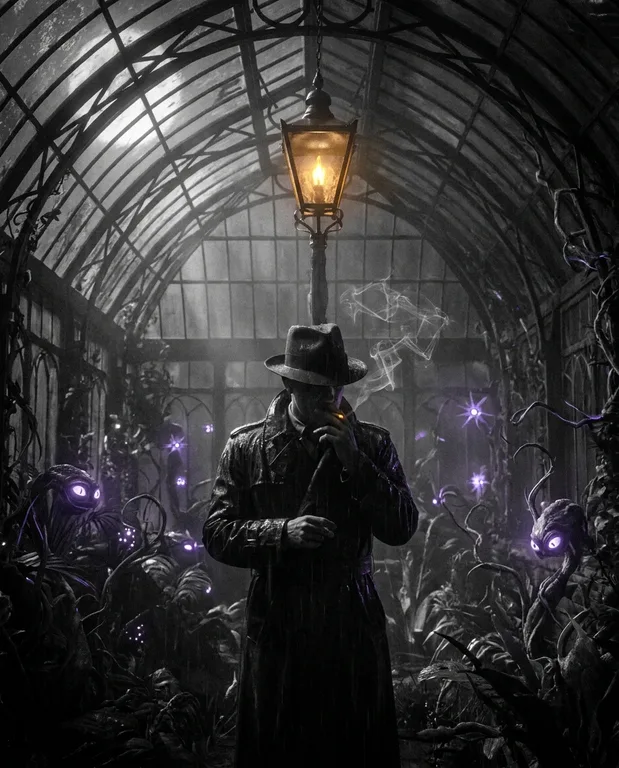 Noir Detective Amidst Cosmic Flora