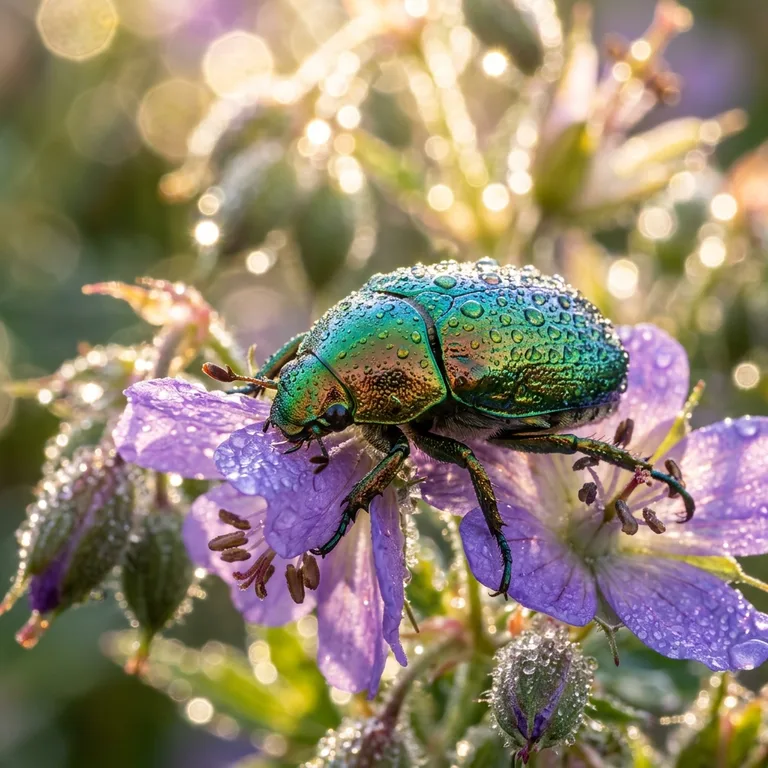 Iridescent Scarab On Dewy Petal
