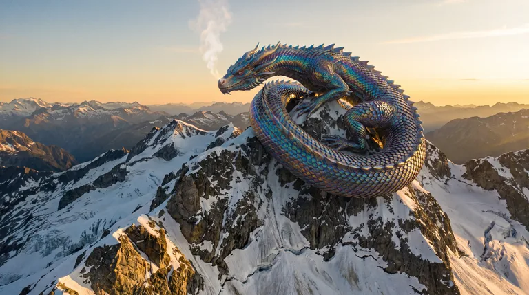 Iridescent Dragon Upon Snowy Peak