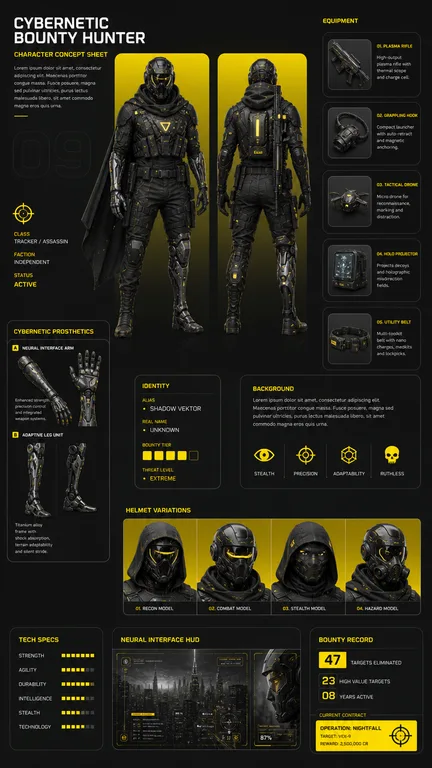 Cybernetic Bounty Hunter Concept Sheet